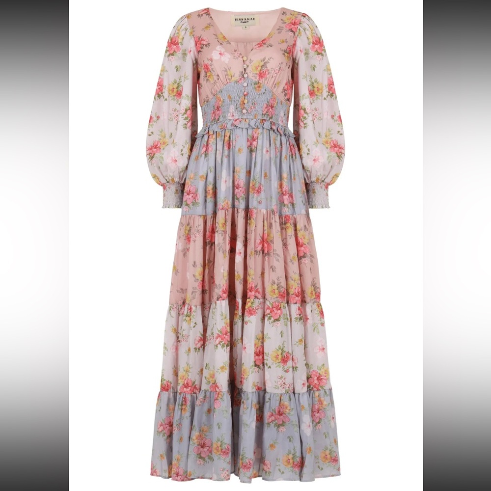 JESSAKAE Garden Rose Sweet Peony Floral Maxi Tea Dress Pink Purple Button Down - Picture 6 of 6